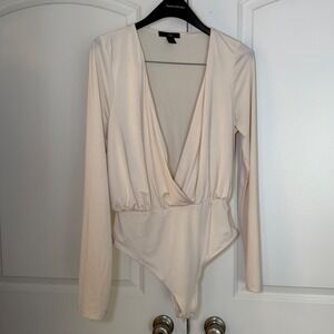 Revamped Womens XL Cream Long Sleeve Deep V-Neck Surplice Bodysuit Off White
